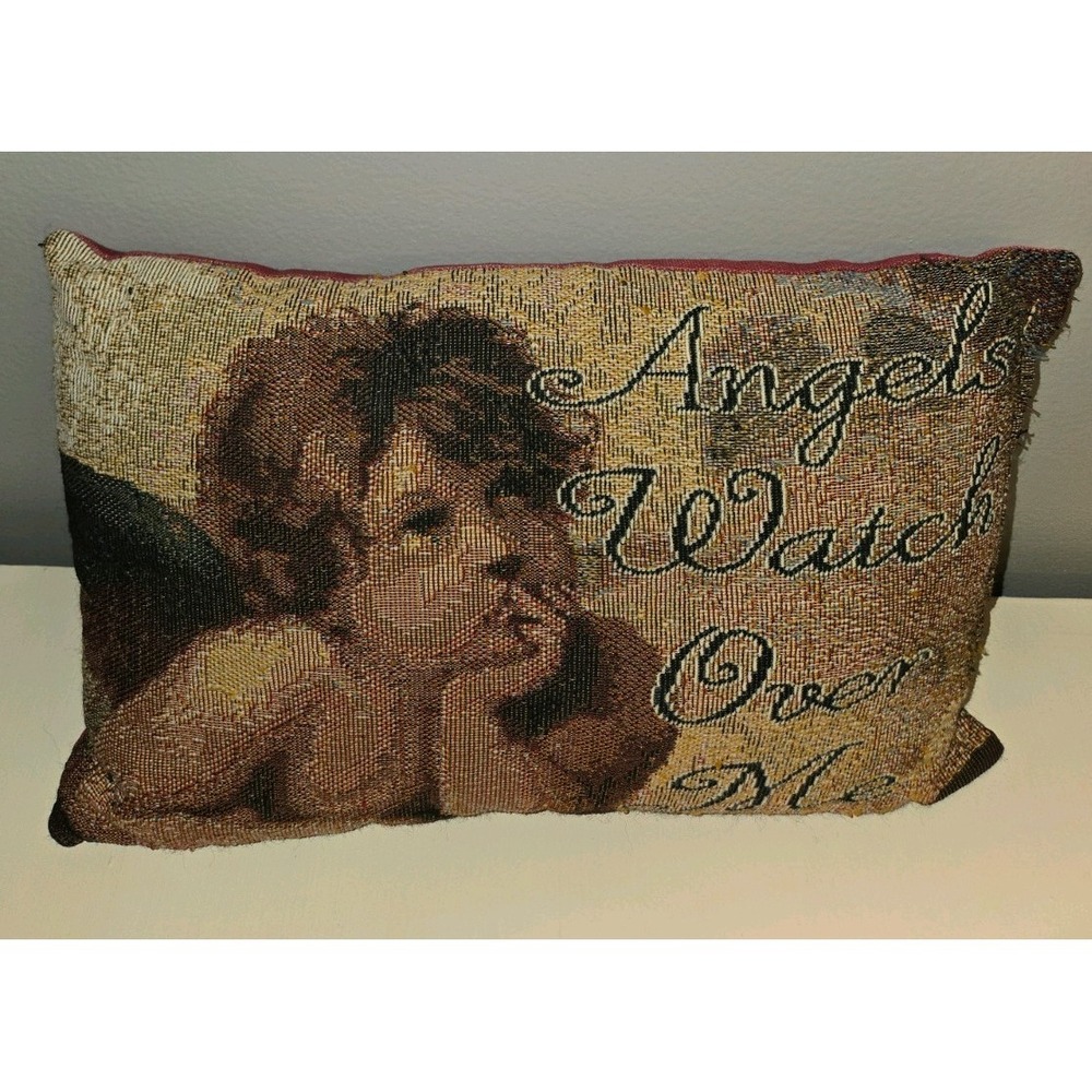 Vintage 1990's Raphael Winged Cherubs Angel Tapestry Throw Pillow with words